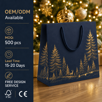 Paper bags · Cotton rope handles · Foil-stamped detail